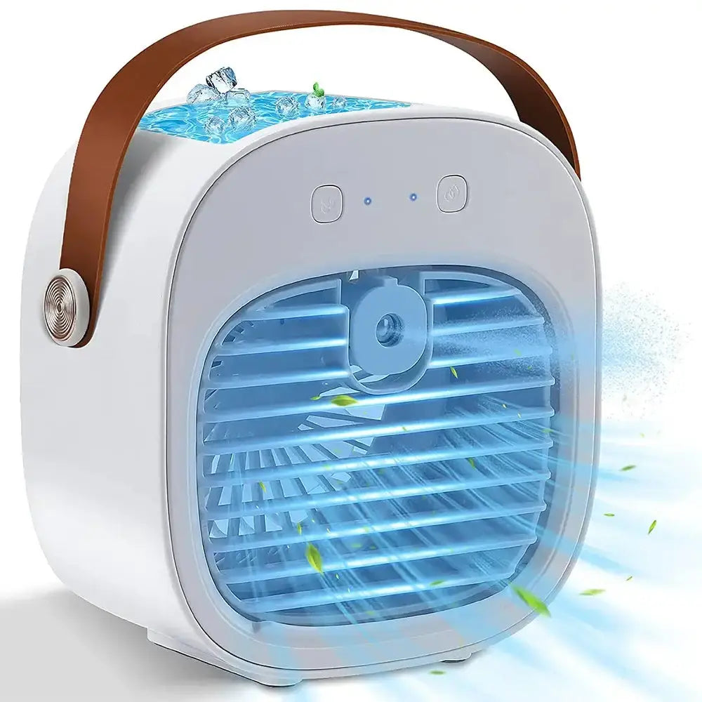 Rechargeable mini air conditioner with water tank and adjustable fan settings for personal cooling.