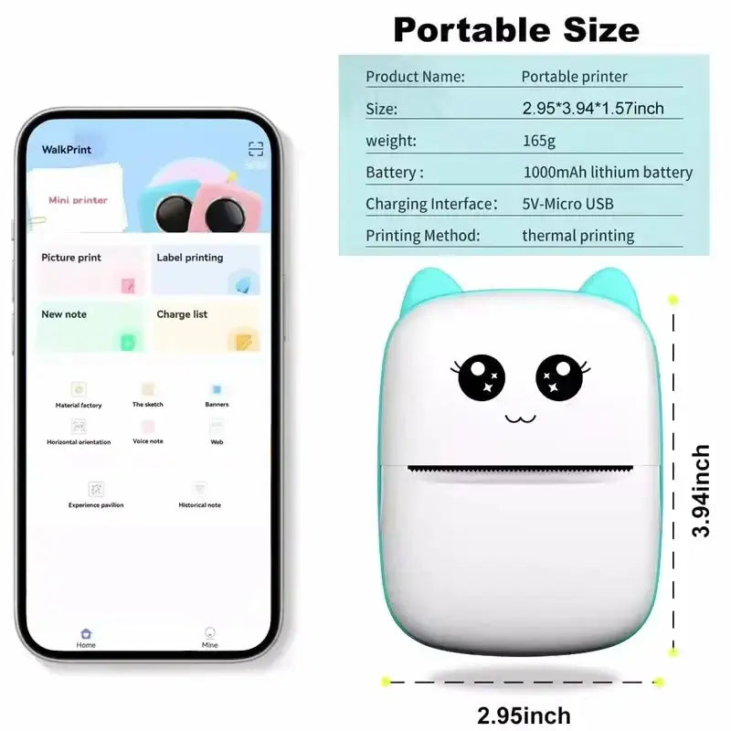 Portable thermal printer mini cat print photo pocket thermal label printer 58mm printing wireless Bluetooth Android iOS printers Bantout.prod