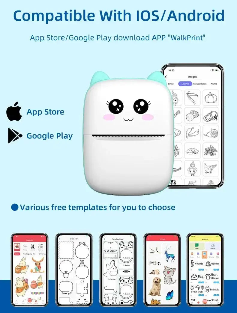 Portable thermal printer mini cat print photo pocket thermal label printer 58mm printing wireless Bluetooth Android iOS printers Bantout.prod