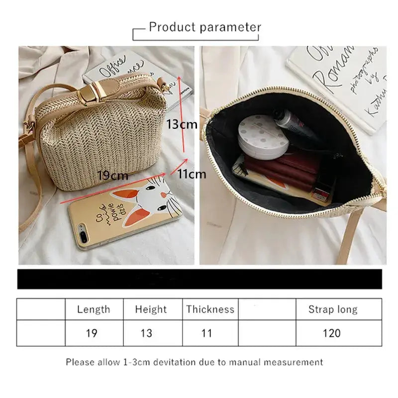 Image showing dimensions and interior of a trendy summer straw handbag for women, with a phone and cosmetics inside.