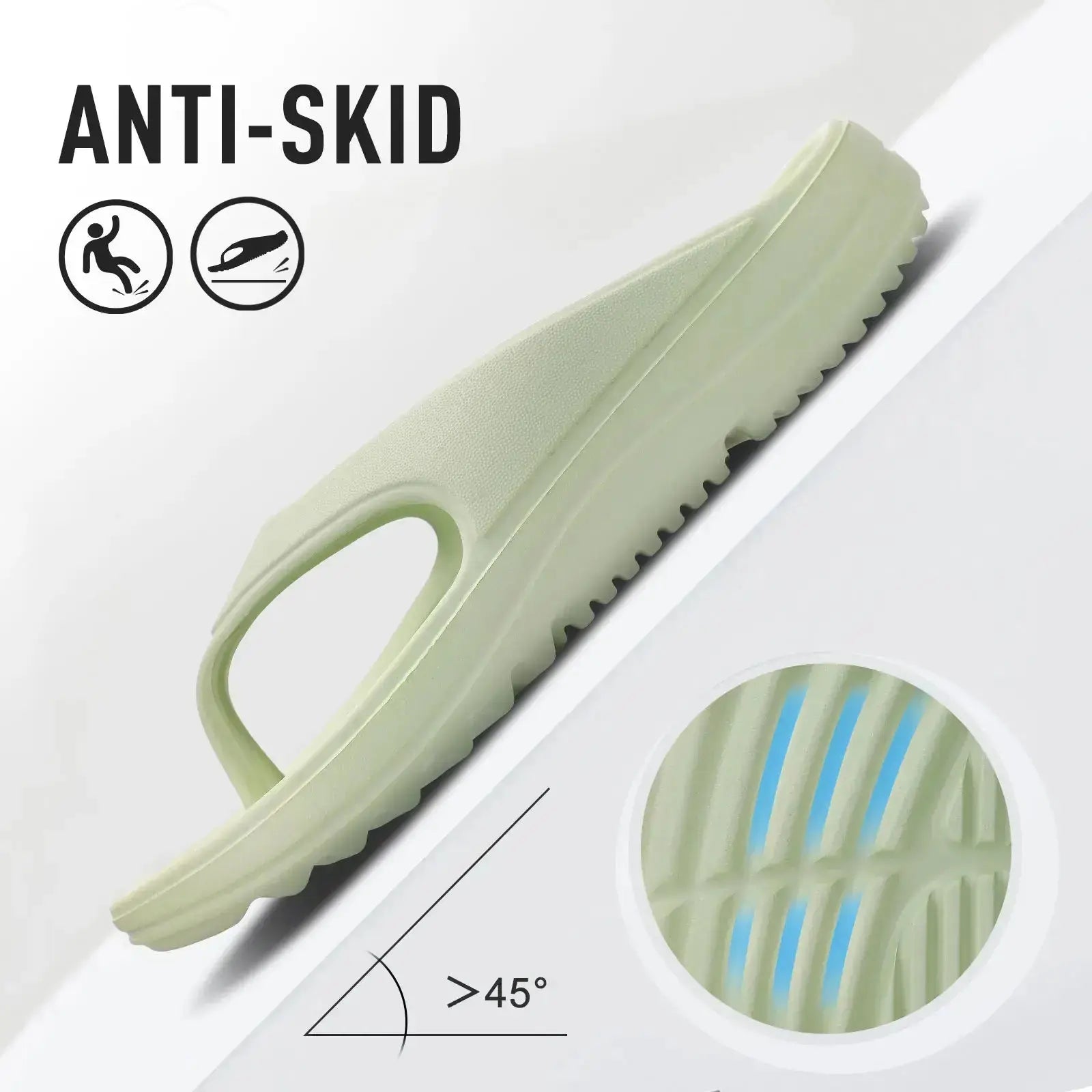Sandales anti-dérapantes vertes avec semelle EVA et design ouvert, offrant sécurité et confort pour un usage quotidien.