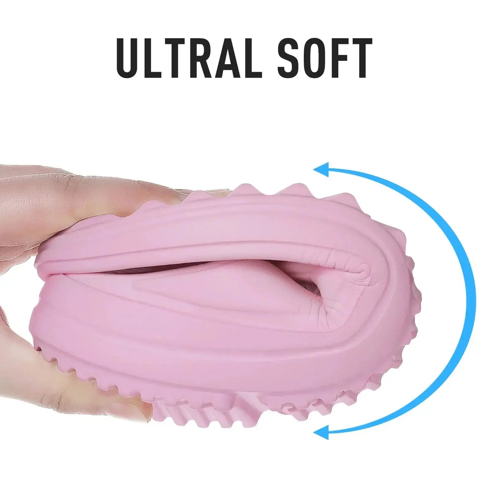 Main image of ultra-soft pink EVA sandal being squeezed in hand, highlighting flexibility and comfort.