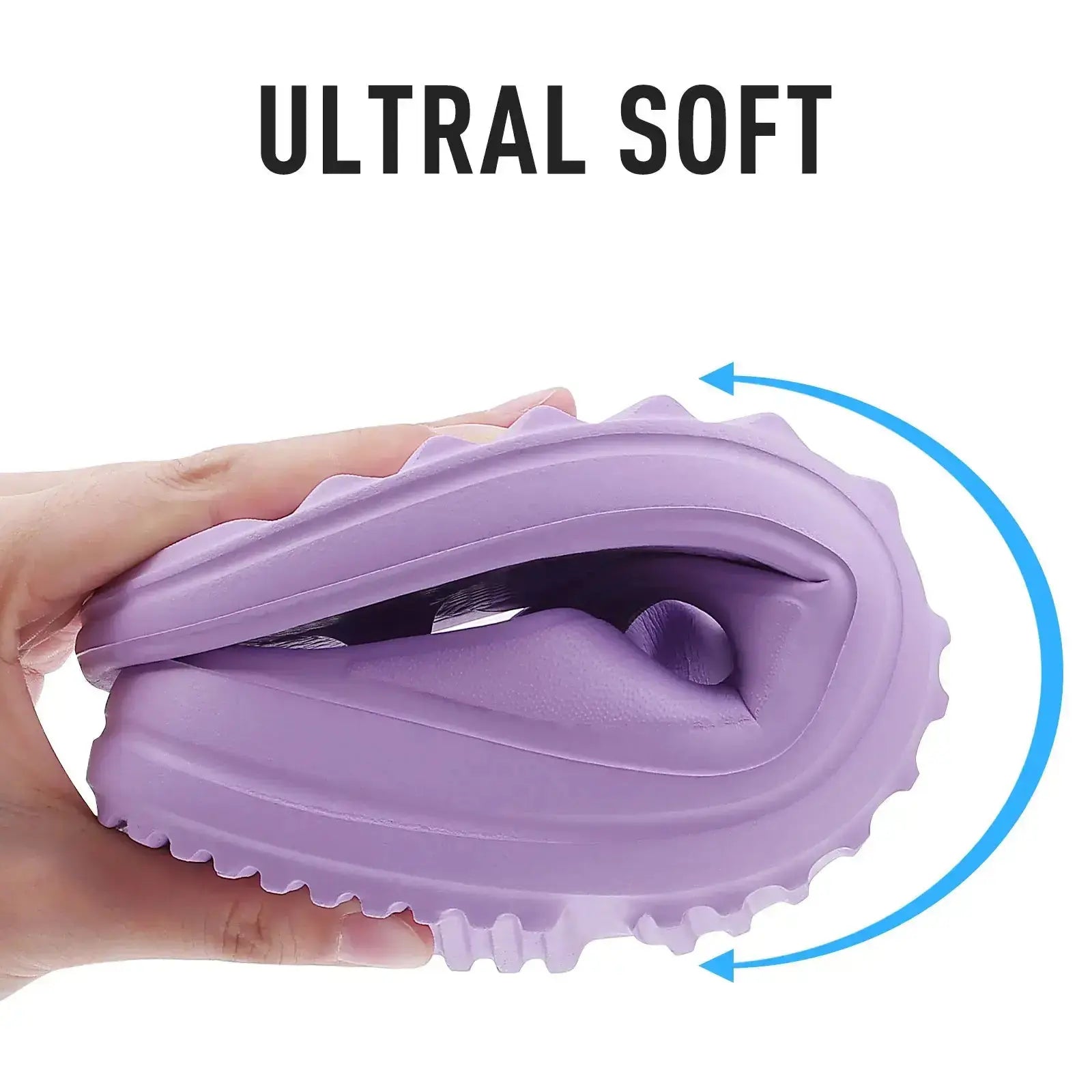Main focus on hand squeezing a purple, ultral-soft EVA sandal emphasizing its flexible design.
