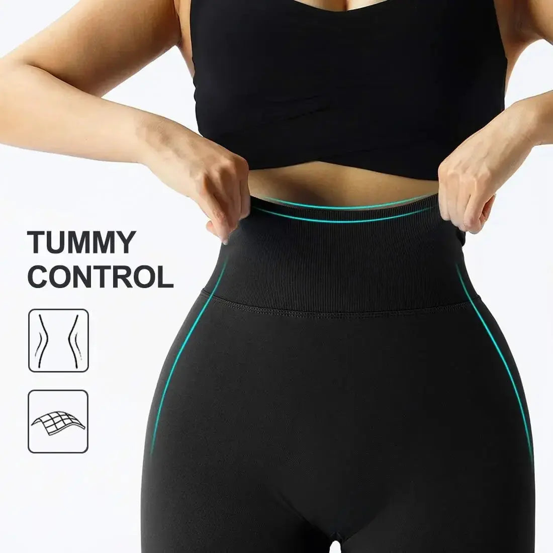 High-waisted seamless knitted leggings worn by a woman during a fitness workout, showing a peach-lift design and nude color finish.