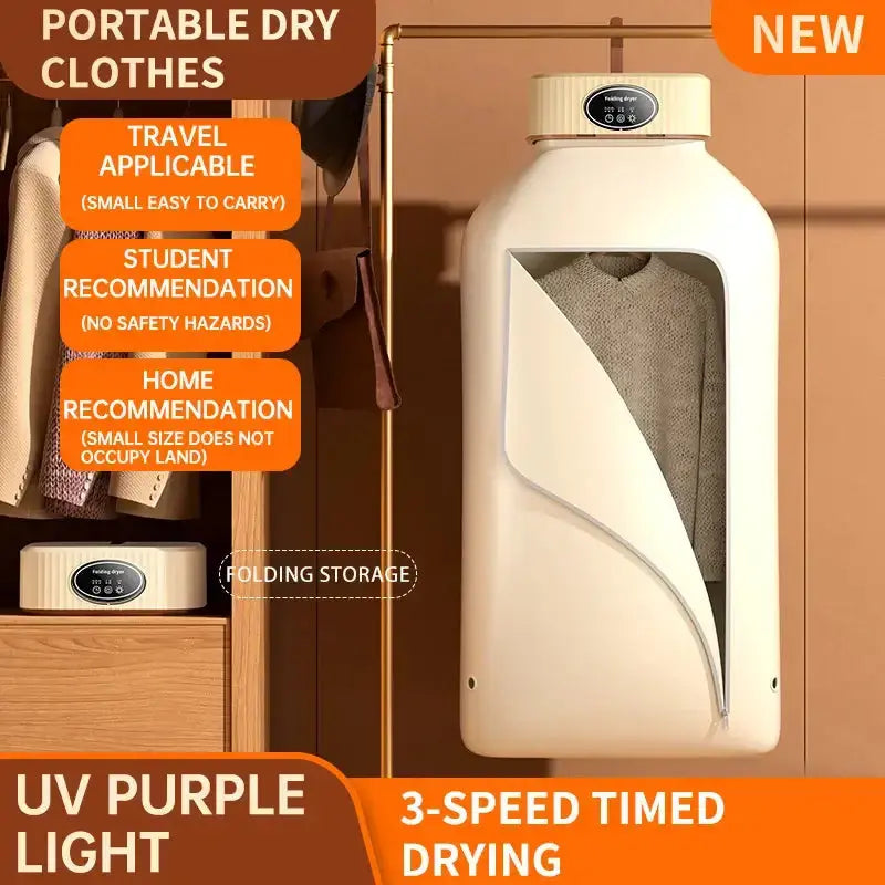 Portable electric clothes dryer with UV light, compact design for travel and home use, offering 3-speed timed drying.