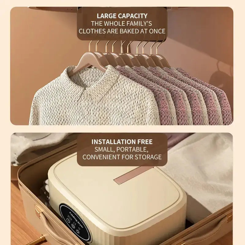 Image of a portable electric dryer showcasing a large capacity for drying clothes and easy storage solution.