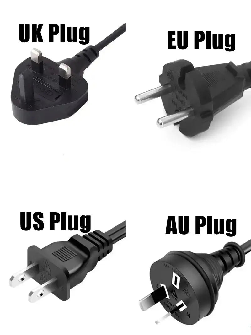 Different international power plugs: UK, EU, US, and AU, displayed for electrical compatibility.