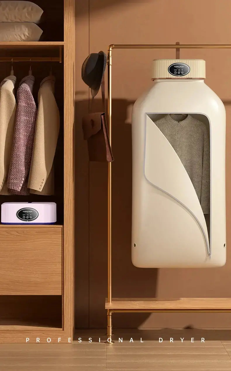 Sèche-linge électrique pliable dans une armoire, design moderne et élégant, idéal pour vêtements délicats.