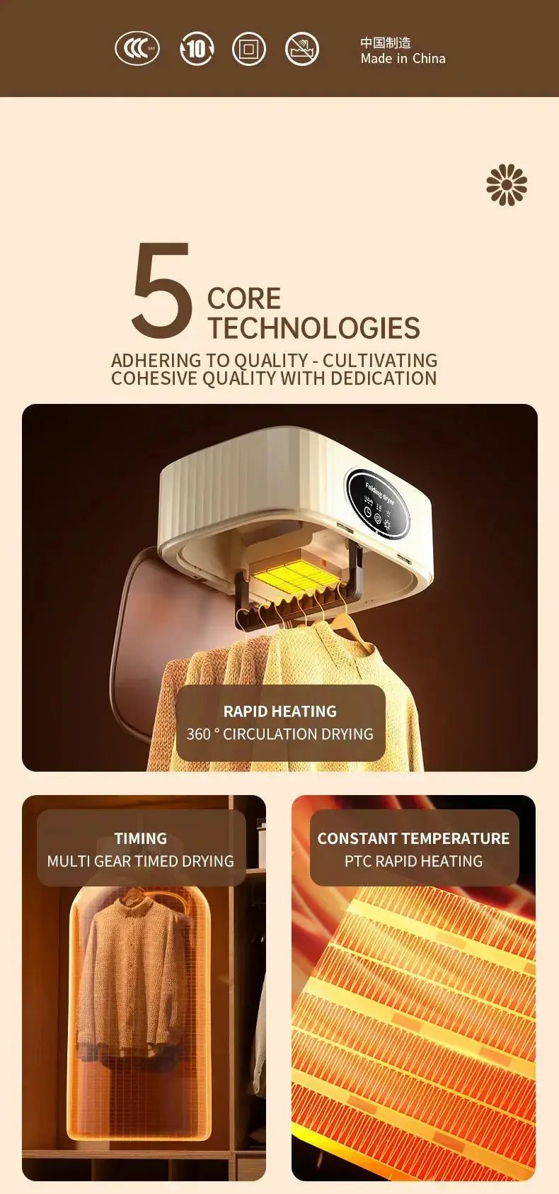 Sèche-linge électrique pliable avec technologies de chauffage rapide et séchage à circulation 360°, facilité d&