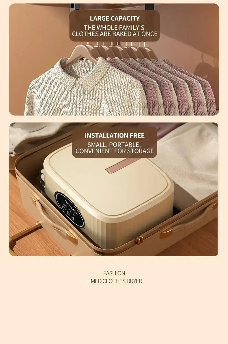 Image showing a large-capacity portable clothes dryer with clothes and highlights on installation-free design.