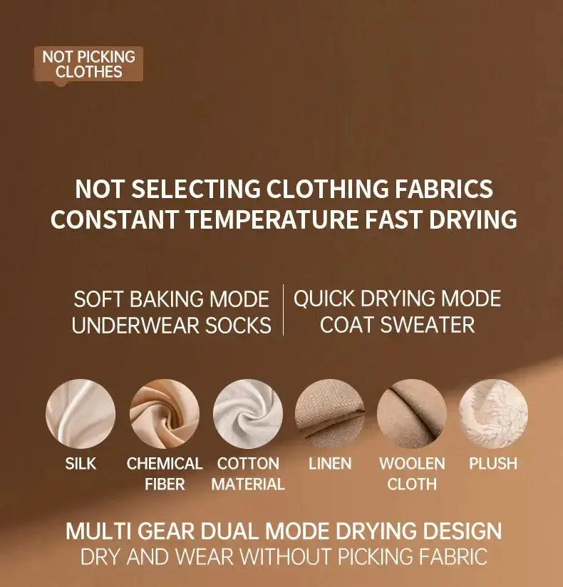 Text description of drying modes and fabric types for smart portable electric dryer.