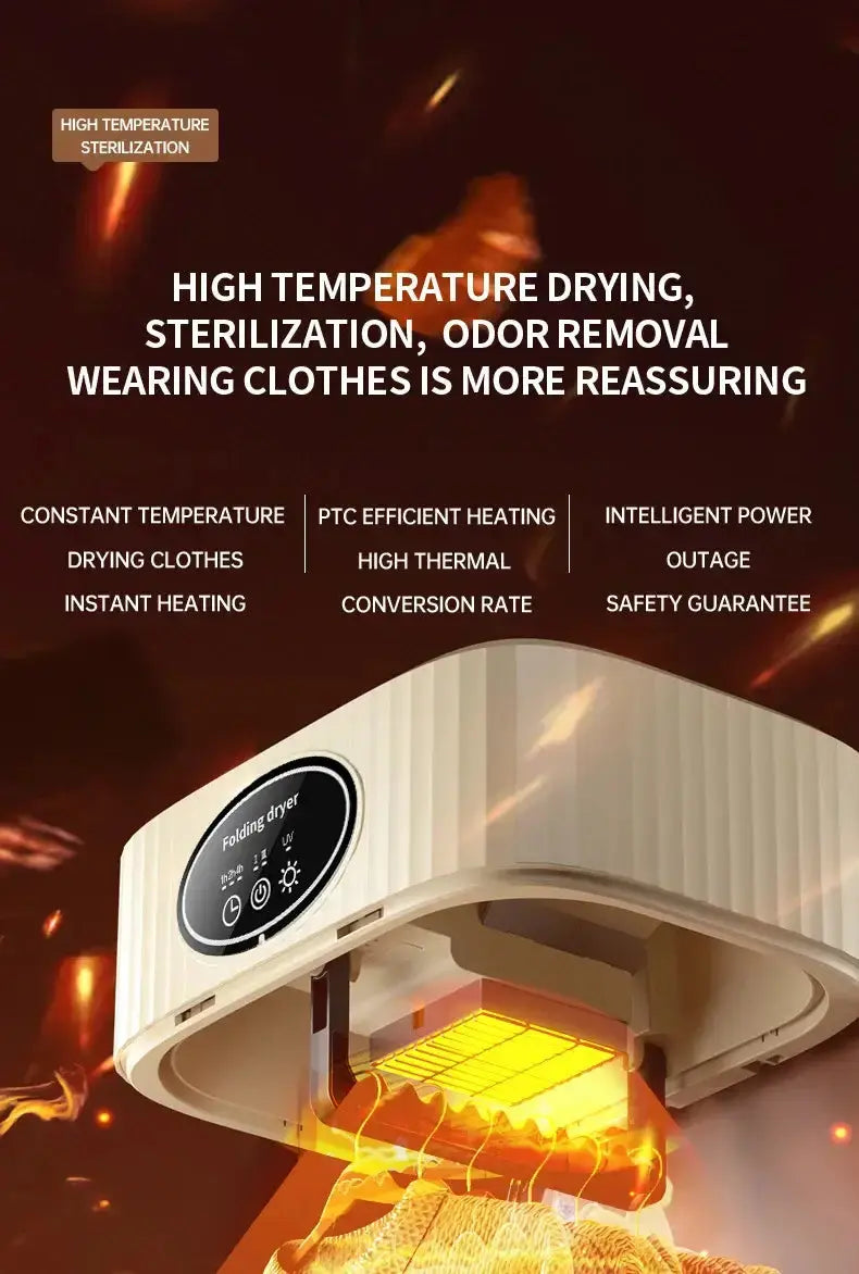 Sèche-linge électrique pliable avec chauffage PTC, stérilisation, et évacuation des odeurs.
