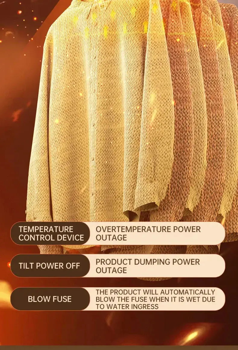 Image displaying safety features of an electric dryer, including temperature control and automatic fuse protection.