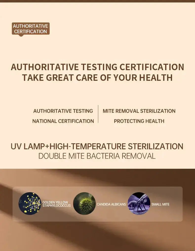 Authoritative testing certification for health protection; UV lamp with high-temperature sterilization details.