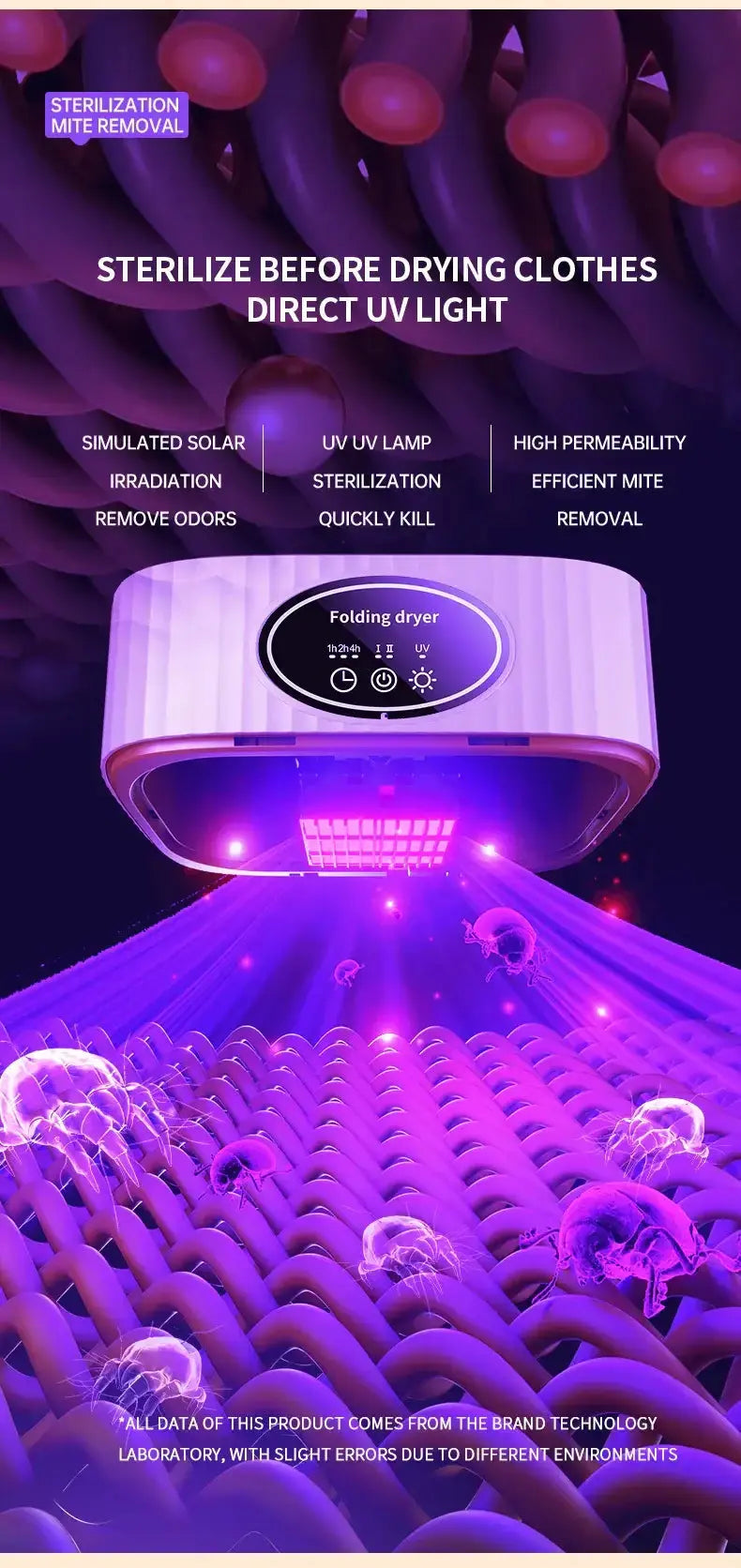 Electric folding dryer with UV light for sterilization and efficient mite removal, designed for quick drying.