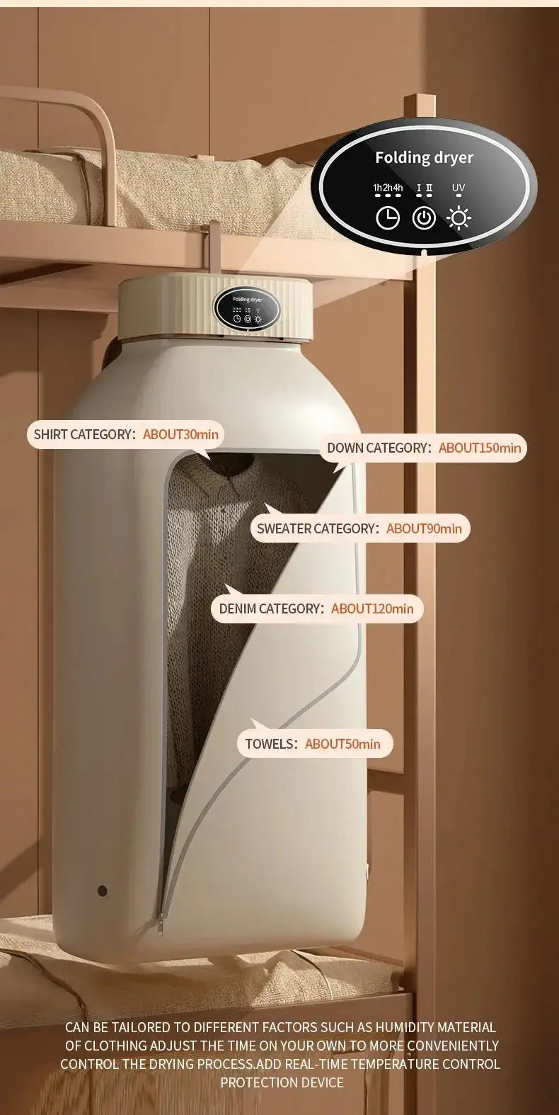 Folding electric dryer displaying drying times for various clothing categories: shirts, down, sweaters, denim, and towels.