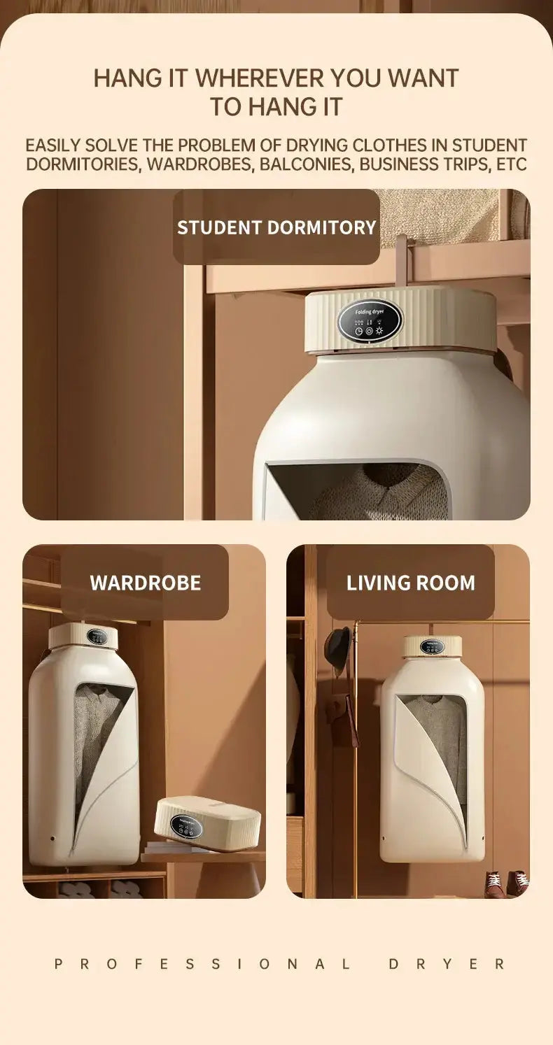 Image showcasing a portable electric dryer displayed in a dormitory, wardrobe, and living room setting.