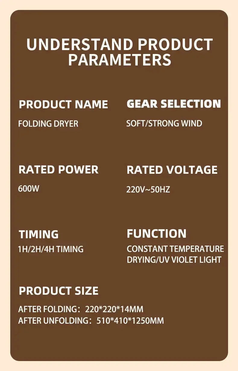 Product parameters for a folding dryer including power, voltage, timing, and size details.