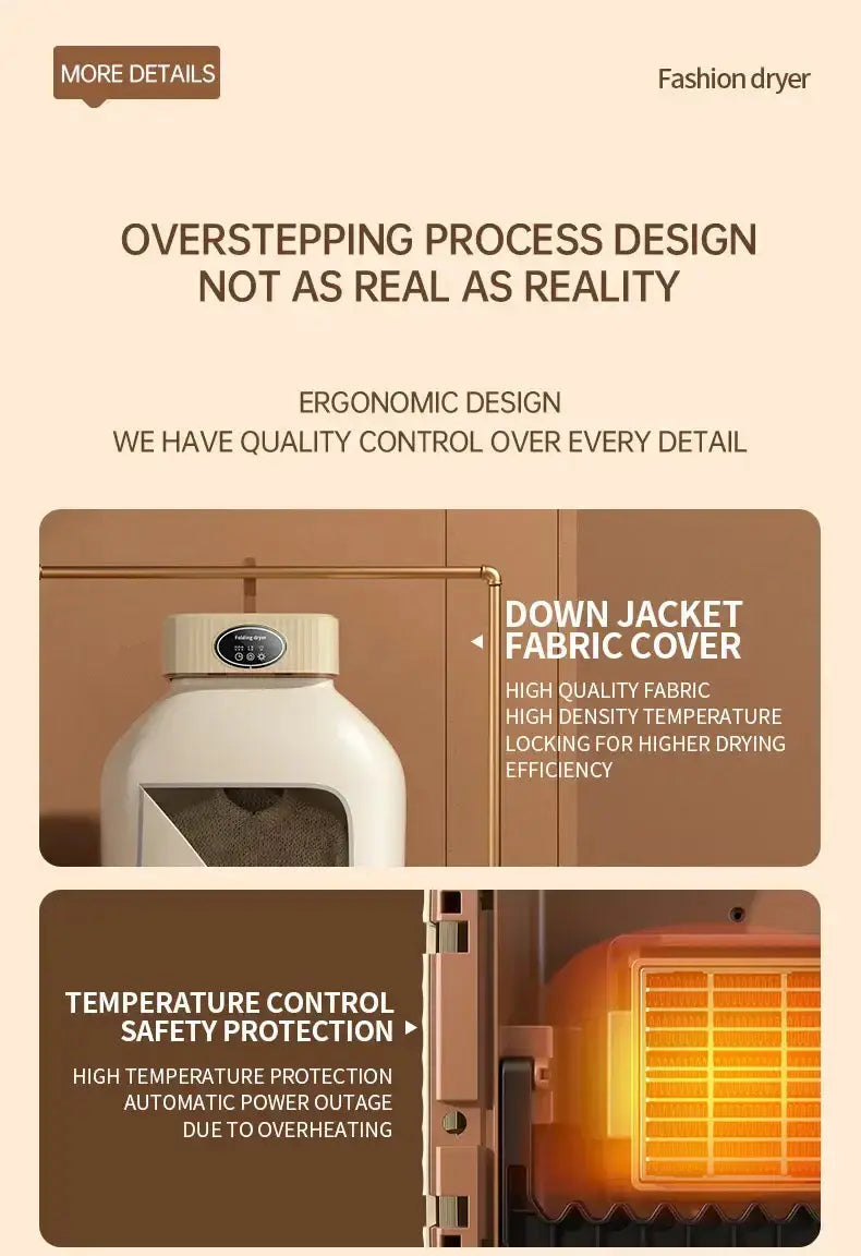 Image of a fashion dryer highlighting ergonomic design, down jacket fabric cover, and temperature control safety protection.