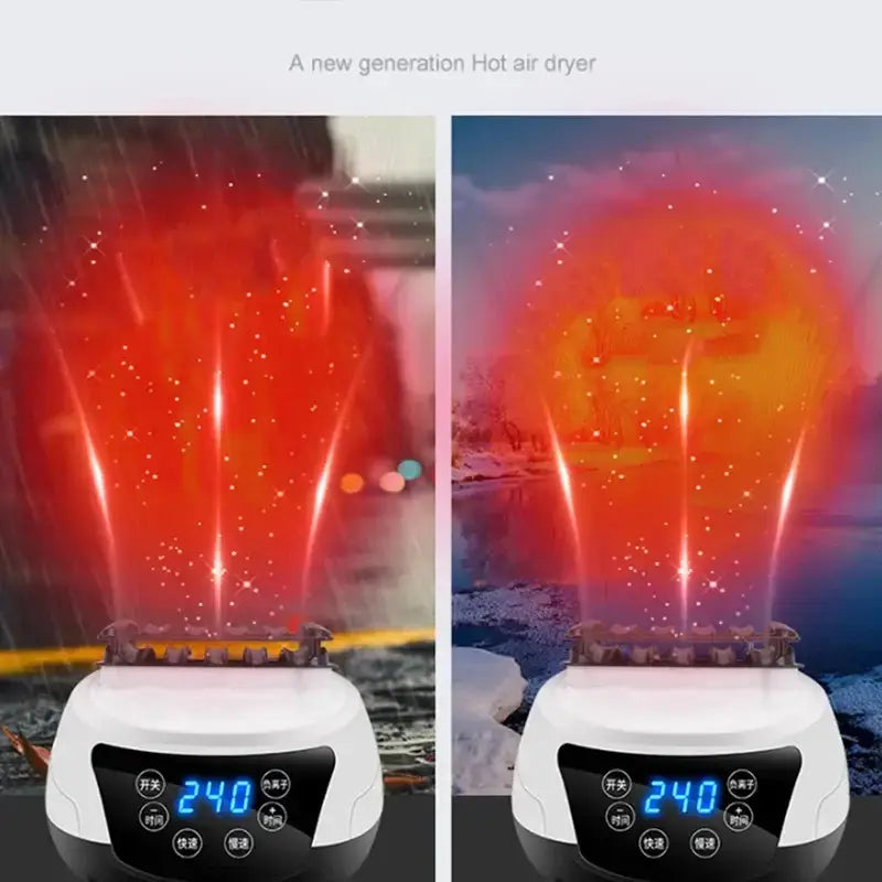 Hot air dryer showcasing innovative technology, displaying rapid drying capability with vibrant red air flow.