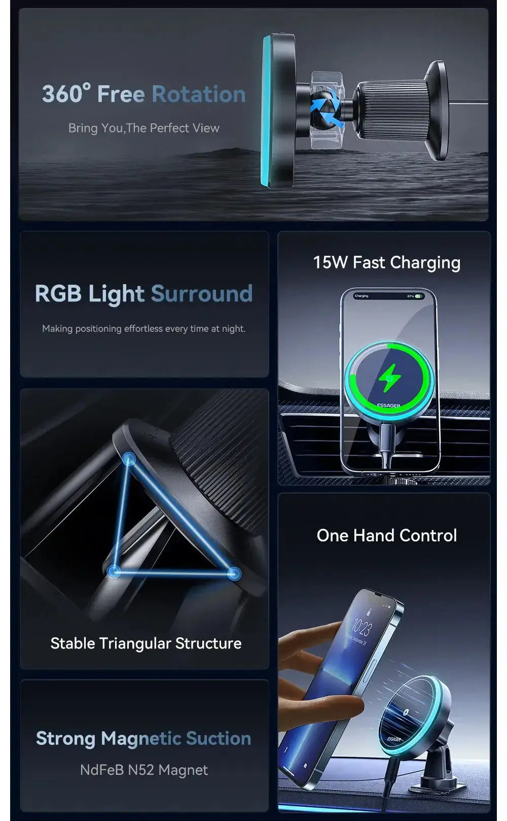 Support de téléphone magnétique pour voiture Essager 15 W Support de chargeur sans fil pour iPhone 15 14 13 Pro Max Bantout.prod