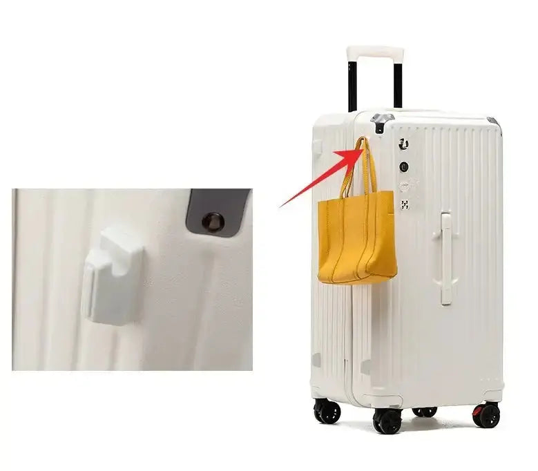 Valise légère avec port de chargement USB, porte-gobelet, et poignée, couleur blanche, 28-36 pouces.