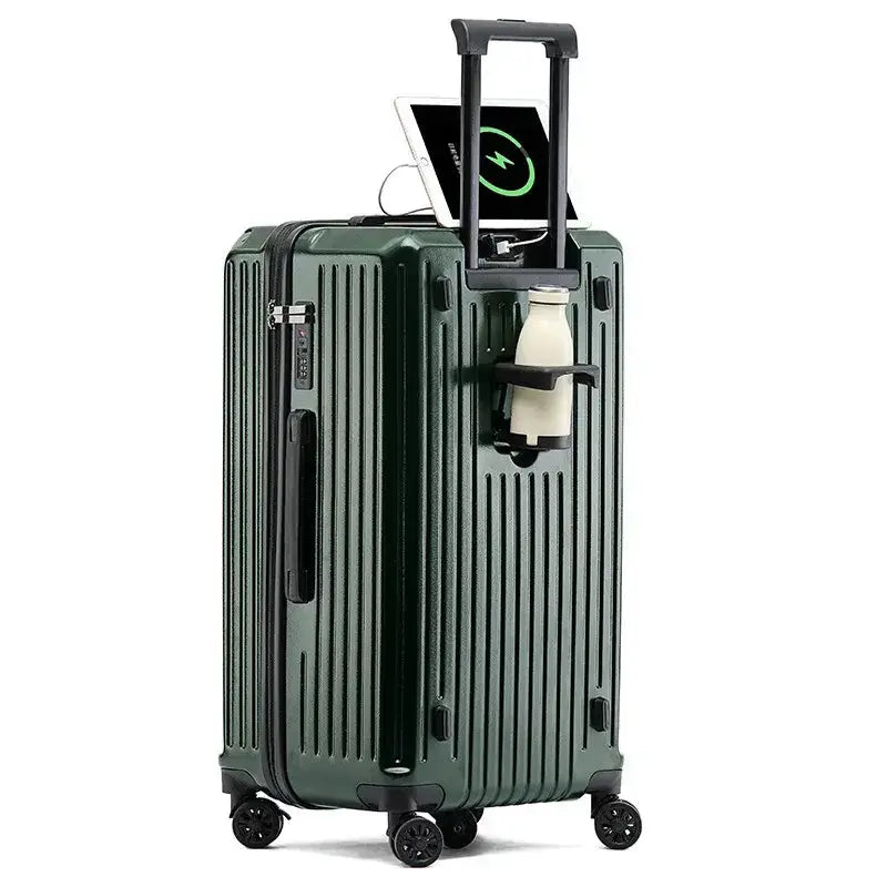 Valise multifonctionnelle légère verte avec port USB, porte-gobelet et roulettes, idéale pour les voyages.