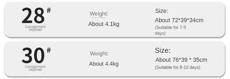 Product specifications for 28" and 30" luggage, including weight, size, and suitability for travel duration.