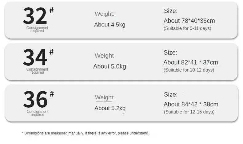 Dimensions and weight specifications for luggage sizes 32, 34, and 36 inches including suitable travel days.