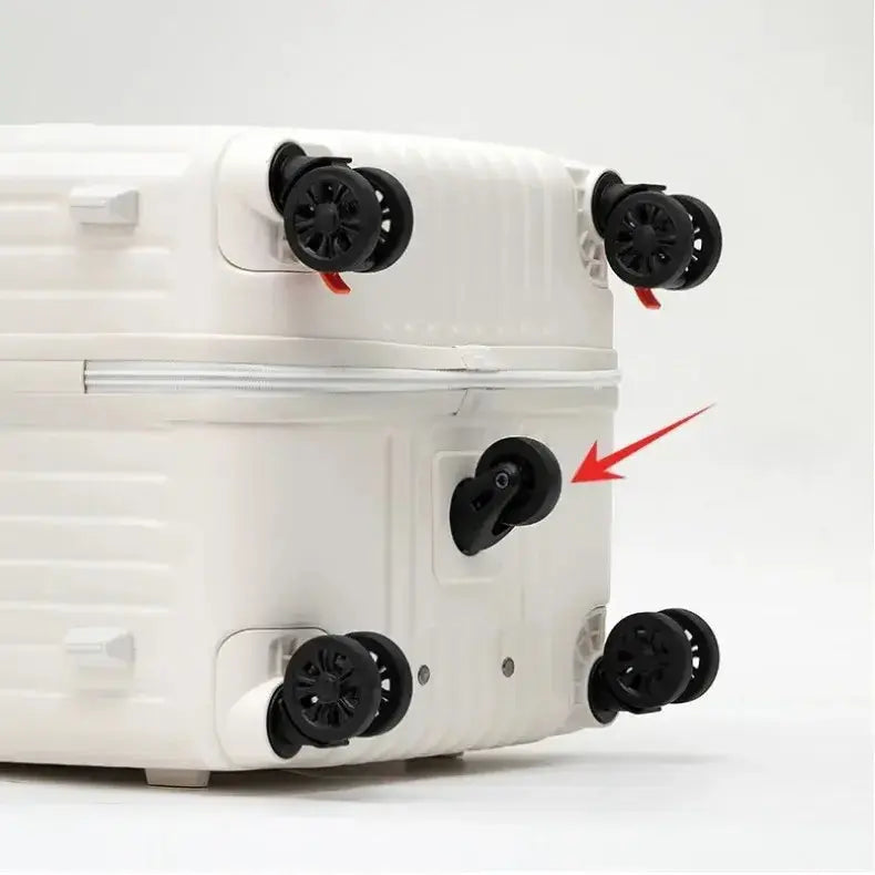 Roues et serrure de valise multifonctionnelle légère, avec port USB et porte-gobelet, design moderne.