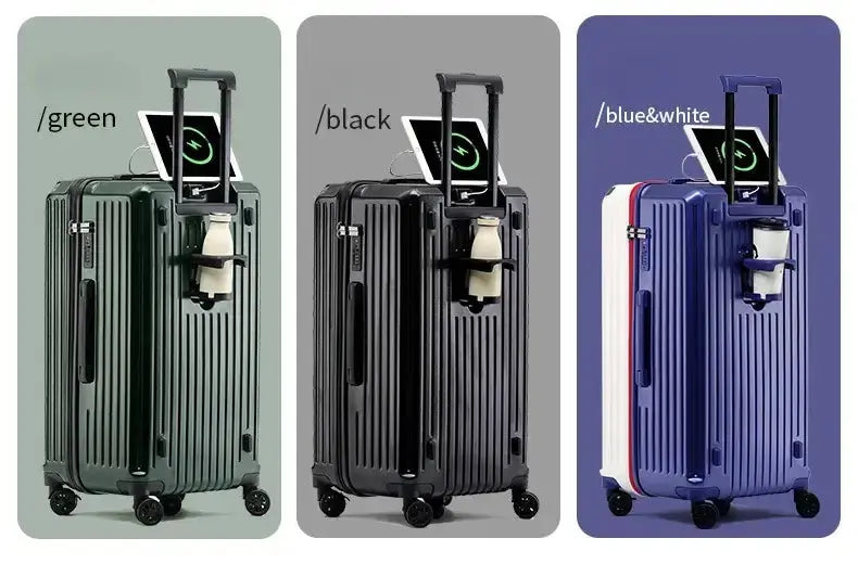 Valise multifonctionnelle avec port USB et porte-gobelet en vert, noir et bleu&blanc, modèle léger de grande capacité.