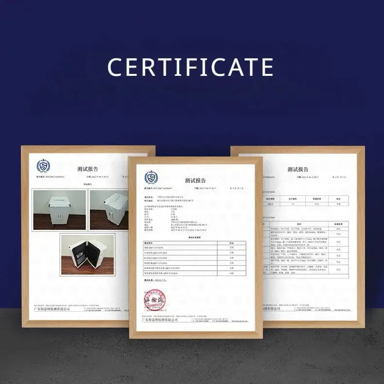 Image of three framed certificates showcasing product specifications and approval information.