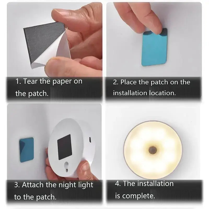 Step-by-step installation guide for a USB rechargeable LED night light with motion sensor.