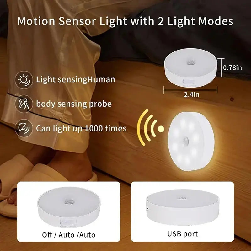 Motion sensor LED light with USB charging, featuring light sensing and body sensing modes.