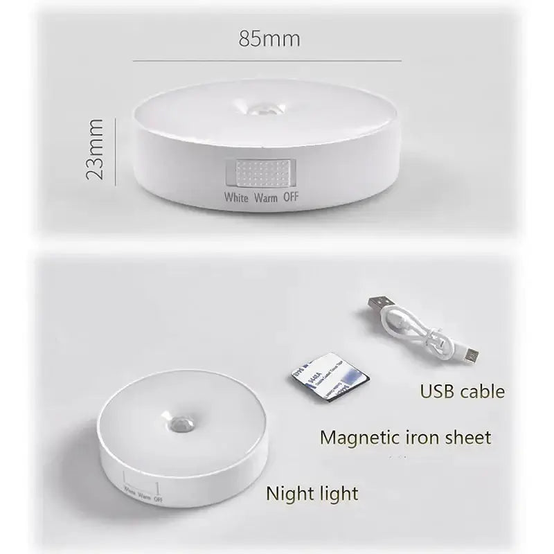 LED night light with USB charging and magnetic mount, showing on/off switch and size dimensions.