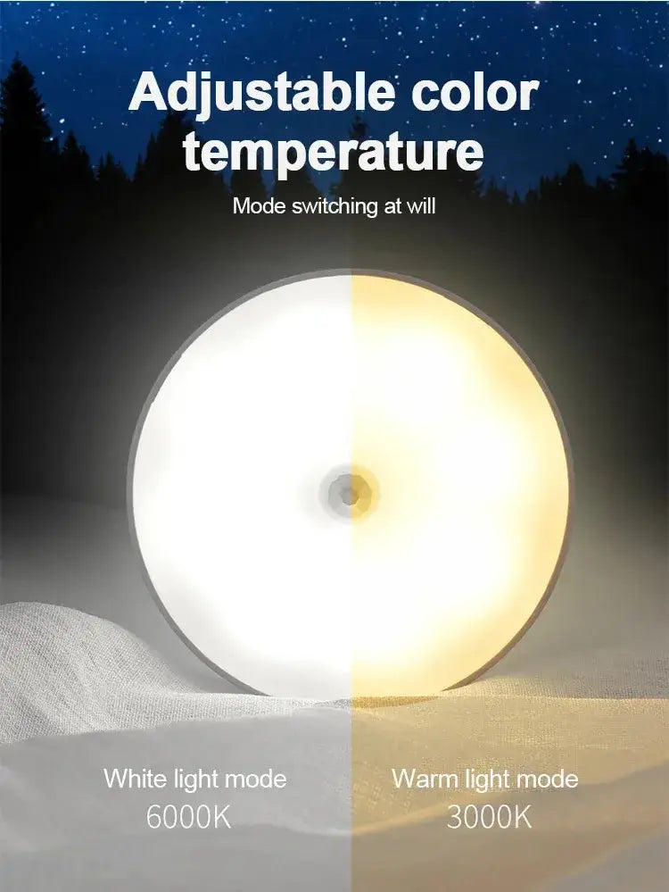 Round lamp showing adjustable color temperature between white light (6000K) and warm light (3000K) modes.