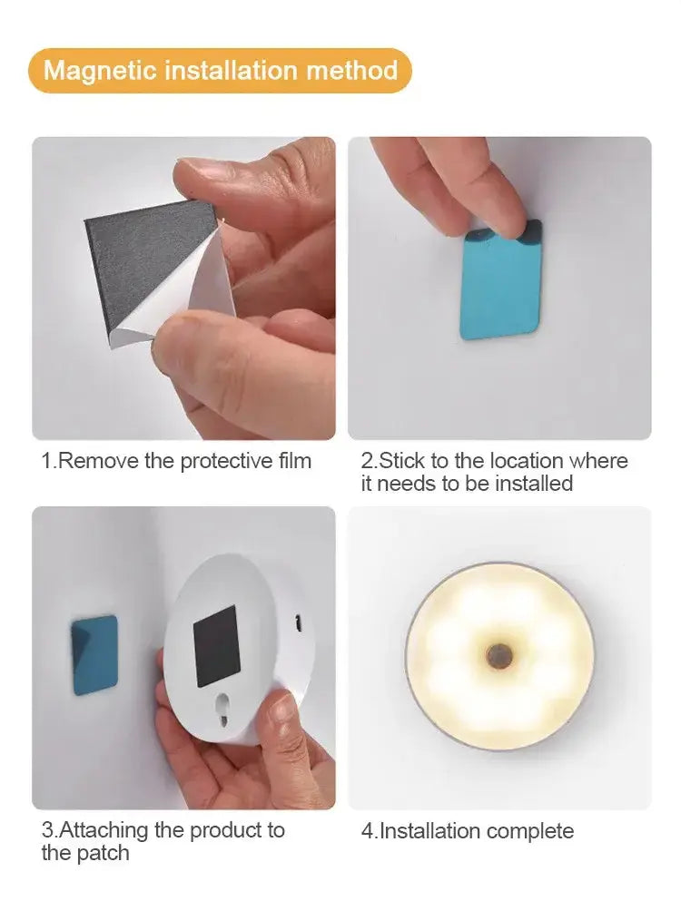 Step-by-step guide for magnetic installation of LED wall lamp, showing patch application and final placement.