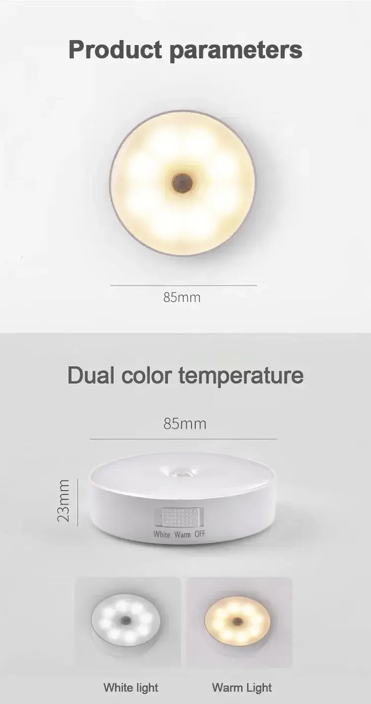 LED wall light with dual color temperature, 85mm, showing parameters and warm/white light options.