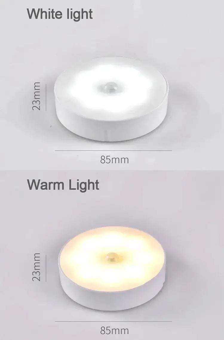 LED night light featuring two color options: white light and warm light, with dimensions of 85mm and 23mm.