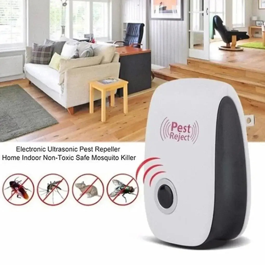 Ultrasonic pest repeller for home use, non-toxic mosquito and insect killer in a modern living room setting.