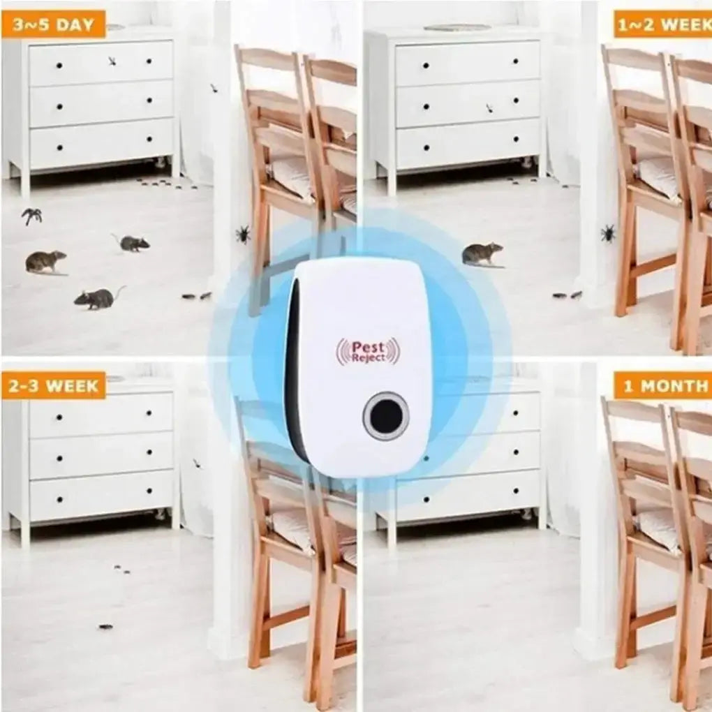 Ultrasonic pest repeller device effective against mice, cockroaches, and spiders, with usage timeline displayed.