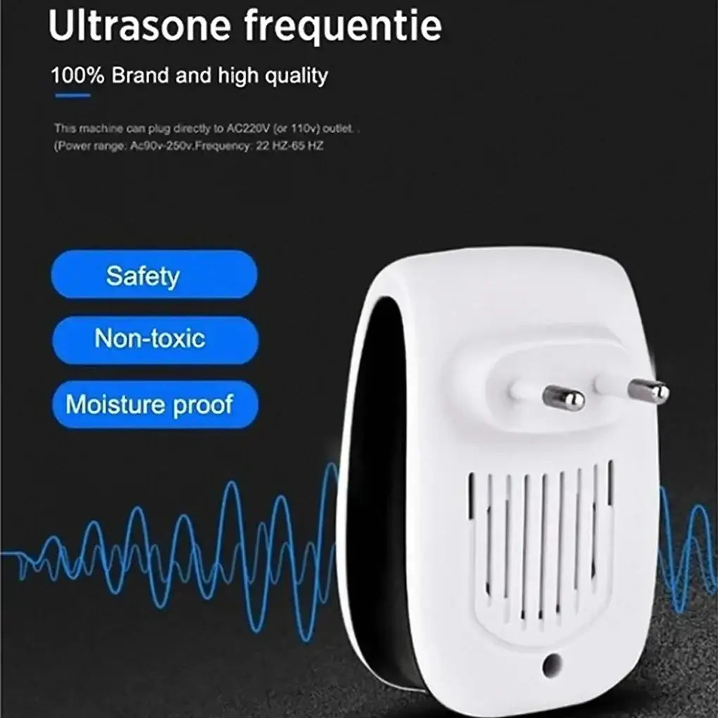 Ultrasonic pest repeller showing safety, non-toxic features, and moisture proof design, suitable for home pest control.