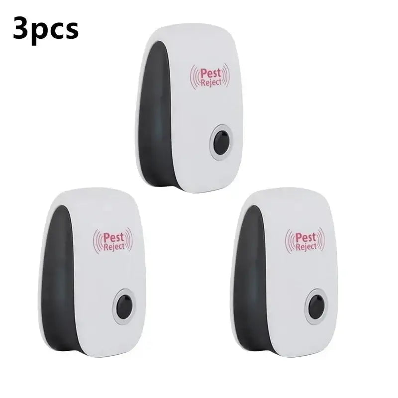 Set of 3 ultrasonic pest repellers designed to deter mice, insects, and other pests effectively.