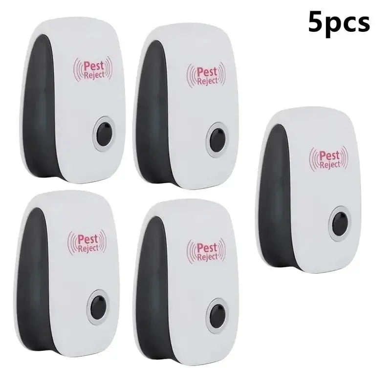 Set of 5 ultrasonic pest repellers designed for mice, cockroaches, and mosquitoes, effective home pest control.