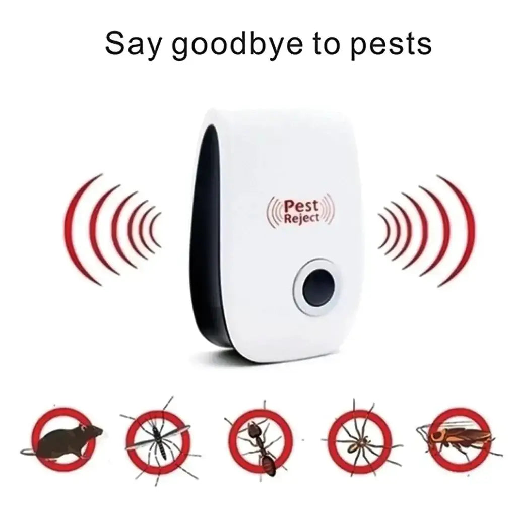 Ultrasonic pest repeller device for mice, insects, and spiders with a sleek design and pest warning icons.