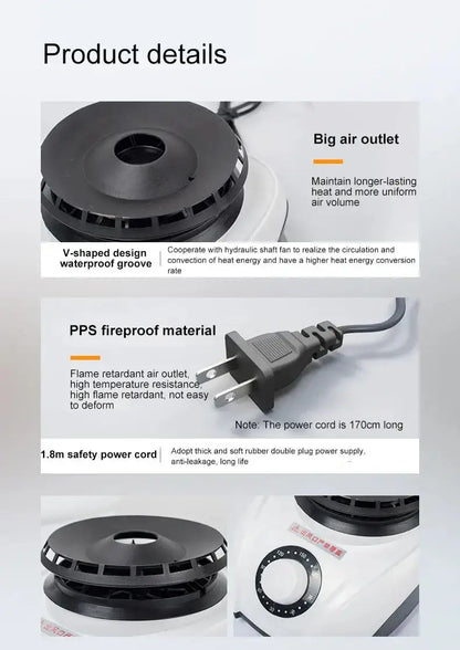 Product details of mini clothes dryer showing big air outlet, PPS fireproof material, and safety power cord.