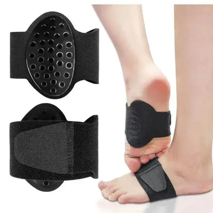 Black arch support pads shown on foot for flat foot correction and plantar fasciitis relief.