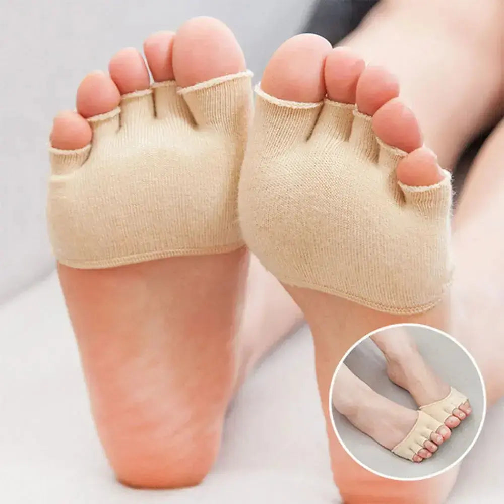 Beige five toe socks designed as orthotics separators for comfort, posture correction, and bunion relief.