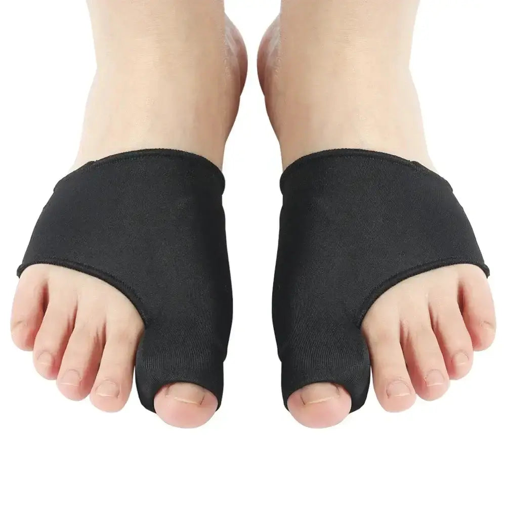 Black toe separator and bunion corrector for foot pain relief and orthopedic care.