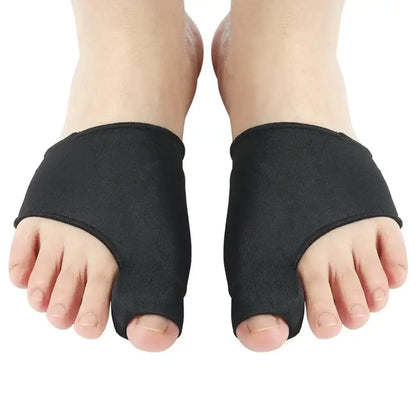 Black toe separator and bunion corrector for foot pain relief and orthopedic care.